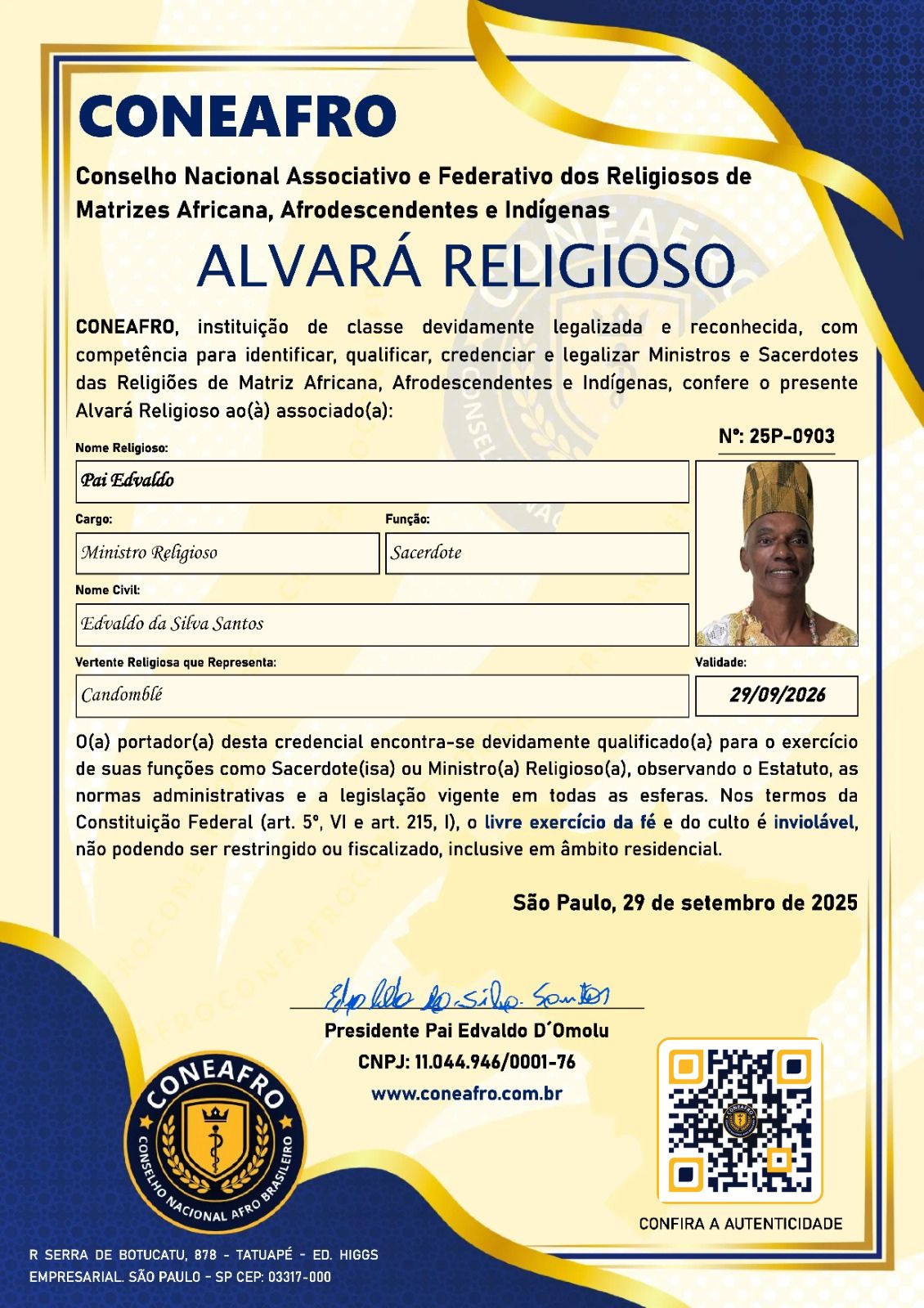 Alvará Religioso da CONEAFRO