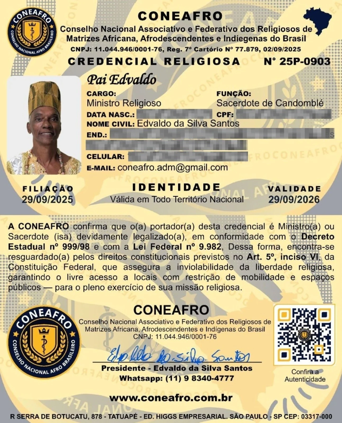 Credencial Religiosa emitida pela CONEAFRO